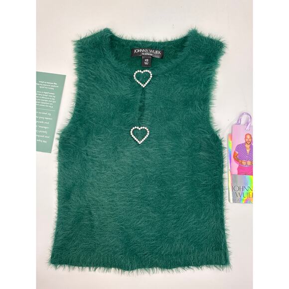 Johnny Wujek Juniors Fuzzy Knit Top XS Teal with Rhinestone Heart Accents - Picture 3 of 6